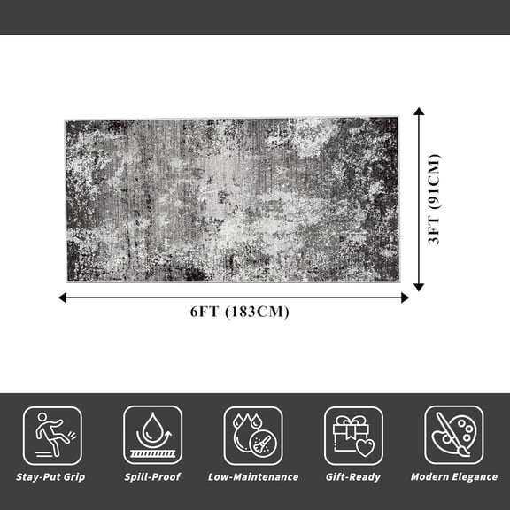 3x6 Non-Slip Washable Kitchen Rug - Soft Wide Indoor Carpet Runners for Entryway, Hallway, Bathroom with Rubber Backing, Modern Distressed Low-Pile Thin Floor Runner (Black Grey,3x6)