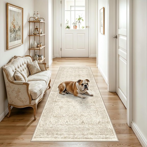 3x6 Runner Rug Washable Entryway: Non Slip Soft Kitchen Area Rug, Low Pile Floor Door Mat for Bathroom, Neutral Indoor Carpet for Hallway Bedroom (Beige/ 3'x6')