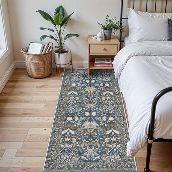 3x6 Washable Entryway Area Rugs: Vintage Easy To Clean Kitchen Rug Runner Soft Non Slip Floor Mat Indoor Farmhouse Carpet For Bathroom Living Room Bedroom Printed Hallway Runners(3x6 Floral/blue)