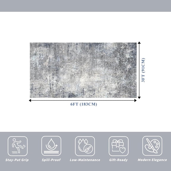 3x6 Washable Kitchen Runner Rug - Non Slip Stain Resistant Low-Pile Thin Wide Carpet Runners for Entryway Hallway Bathroom Bedside,Modern Neutral Abstract(Blue Grey,3x6)