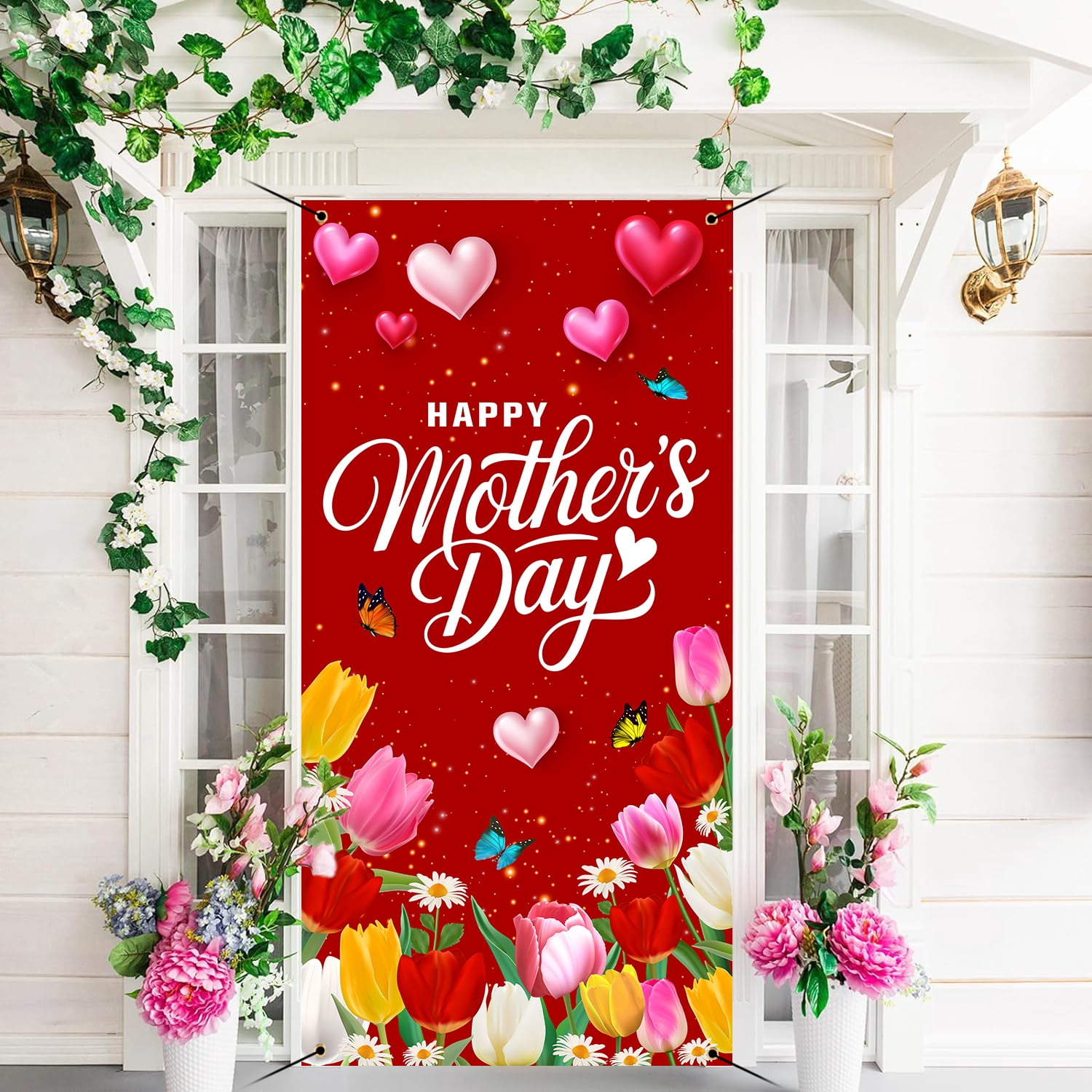 3x6FT Happy Mother's Day Door Cover Red Flowers Mother's Day Banner