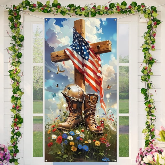 3x6FT Patriotic American Flag Door Cover Memorial Day 4th of July Veterans Day Independence Day Front Porch Sign Remember and Honor Decorations Door Banner