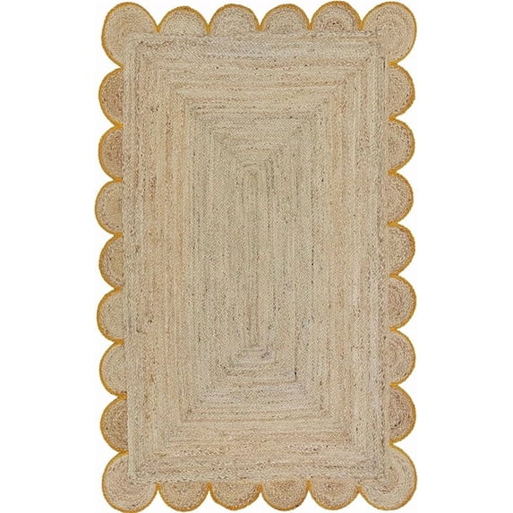 3x7 Ft Yellow Border Premium Scalloped Jute Rug – Handcrafted Natural Braided Carpet for Living Room, Bedroom, Entryway – Boho Home Decor