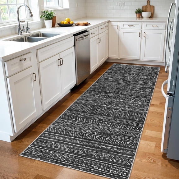 3x7 Washable Hallway Runner Rug - Moroccan Non-Slip Indoor Table Long Runners for Entryway Soft Low-Pile Neutral Rugs for Kitchen Waterproof Geometric Carpet for Bedroom Bathroom Laundry 3x7 Black