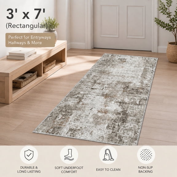 3x7 Washable Non-Slip Kitchen Runner Rug – Modern Abstract Neutral Beige & Gray Low-Pile Thin Floor Carpet for Hallway, Entryway, Bedroom, Laundry Room