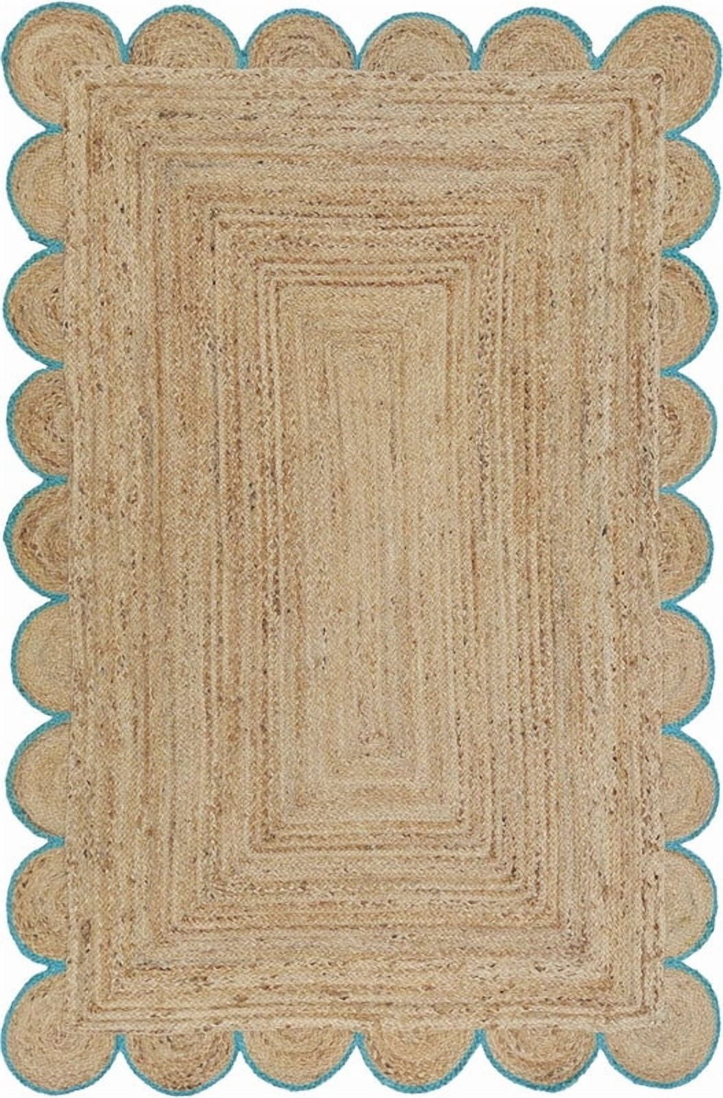 3x8 Ft Sky Blue Border Premium Scalloped Jute Rug – Handcrafted Natural ...