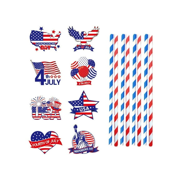 3x8-Pc Independence Day Straw Flags Set with Patriotic Cup Toppers - 7.87in Beverage Decor for July 4th Parties, Red White Blue Accessories