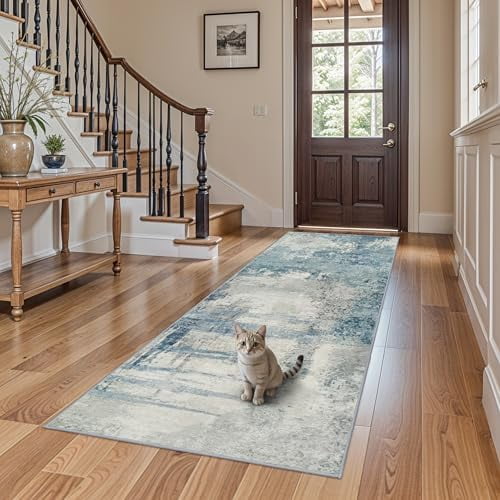 3x8 Runner Rug for Hallway - Washable Abstract Runners Non Slip Kitchen Rugs Low Pile Soft Indoor Floor Carpet Front Door for Bedroom Entryway Laundry 3x8 Blue