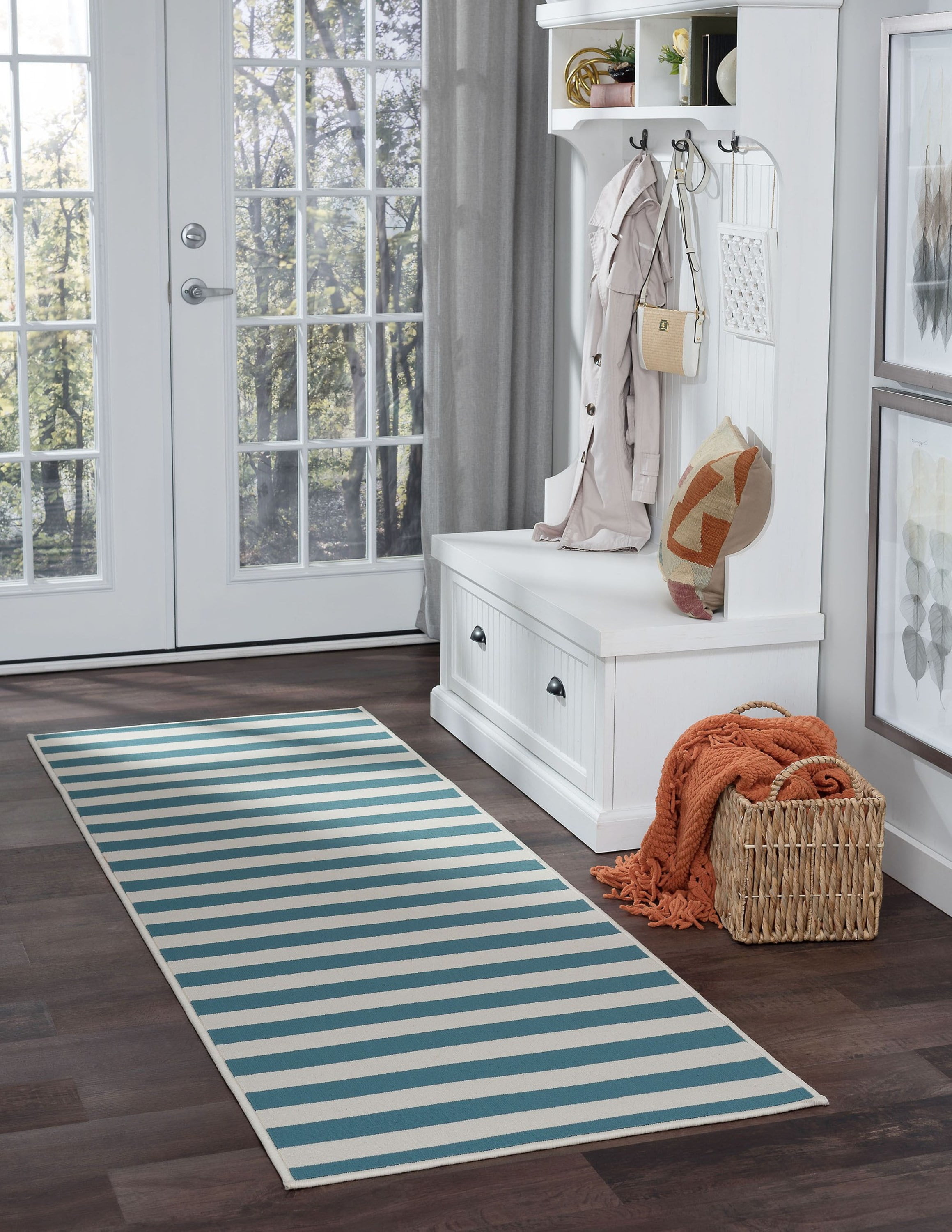 3x8 Water Resistant, Indoor Outdoor Runner Rugs for Patios, Hallway, Entryway, Deck, Porch, Balcony or Kitchen | Outside Area Rug for Patio | Aqua, Stripe | Size: 2'7'' x 7'3''