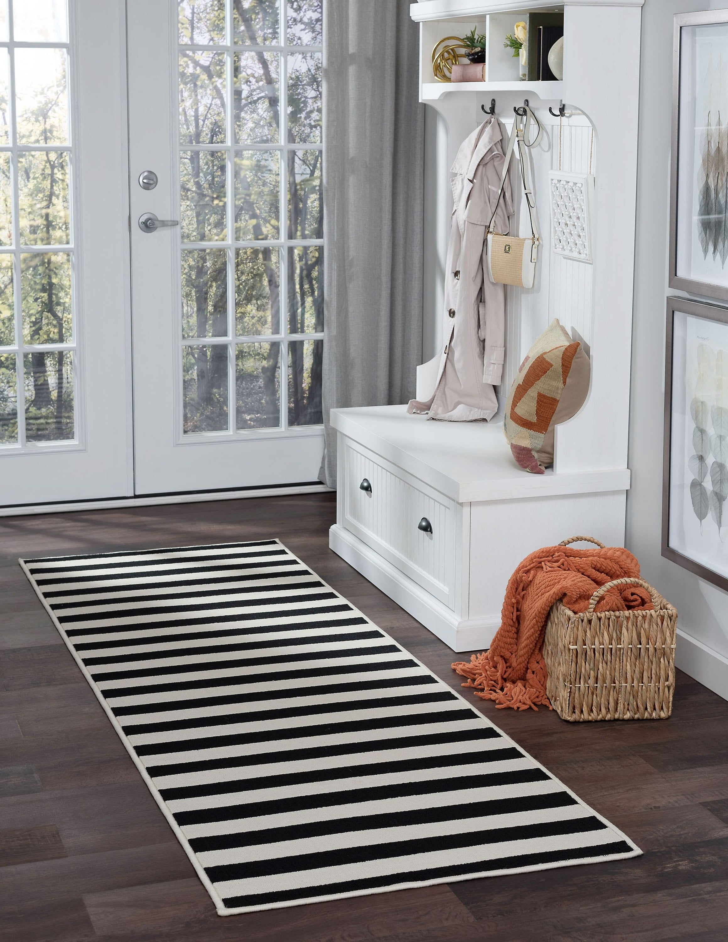 3x8 Water Resistant, Indoor Outdoor Runner Rugs for Patios, Hallway, Entryway, Deck, Porch, Balcony or Kitchen | Outside Area Rug for Patio | Black, Stripe | Size: 2'7'' x 7'3''
