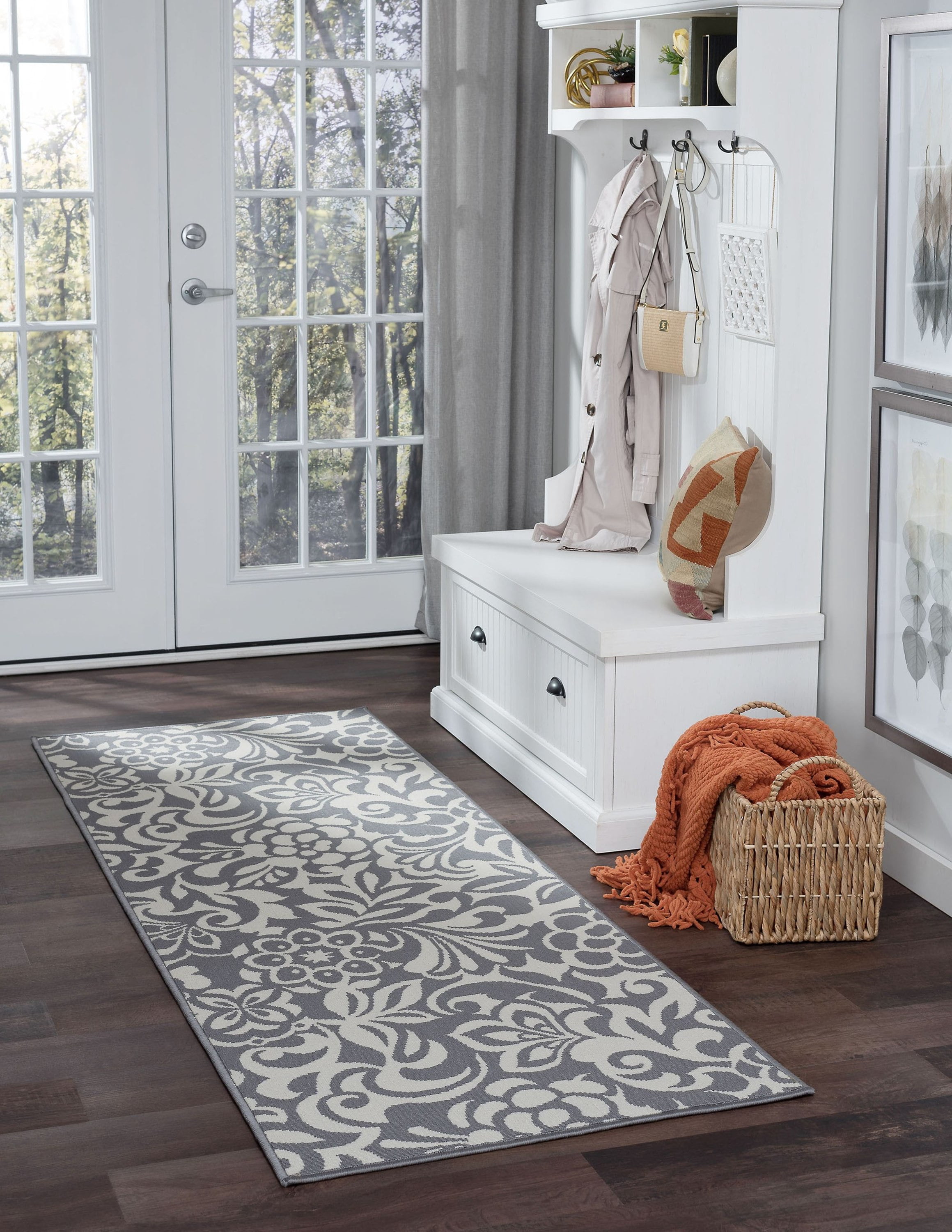3x8 Water Resistant, Indoor Outdoor Runner Rugs for Patios, Hallway, Entryway, Deck, Porch, Balcony or Kitchen | Outside Area Rug for Patio | Gray, Floral | Size: 2'7'' x 7'3''