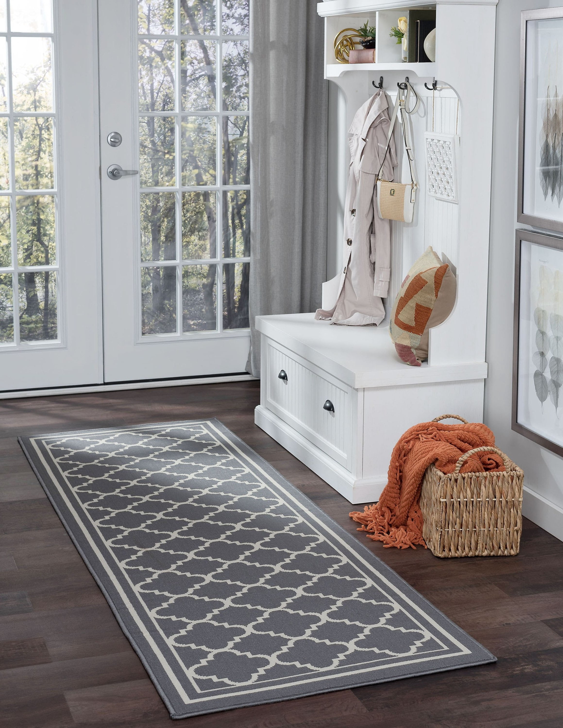 3x8 Water Resistant, Indoor Outdoor Runner Rugs for Patios, Hallway, Entryway, Deck, Porch, Balcony or Kitchen | Outside Area Rug for Patio | Gray, Moroccan Tile | Size: 2'7'' x 7'3''