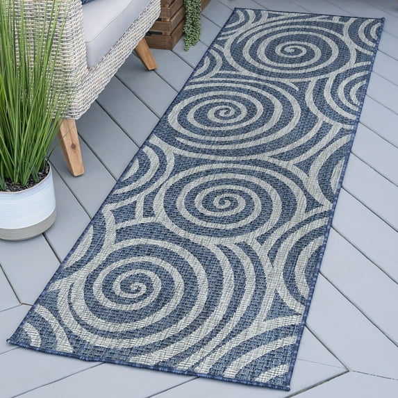 3x8 Water Resistant, Indoor Outdoor Runner Rugs for Patios, Hallway, Entryway, Deck, Porch, Balcony or Kitchen | Outside Area Rug for Patio | Navy, Geometric | Size: 2'3'' x 7'3''