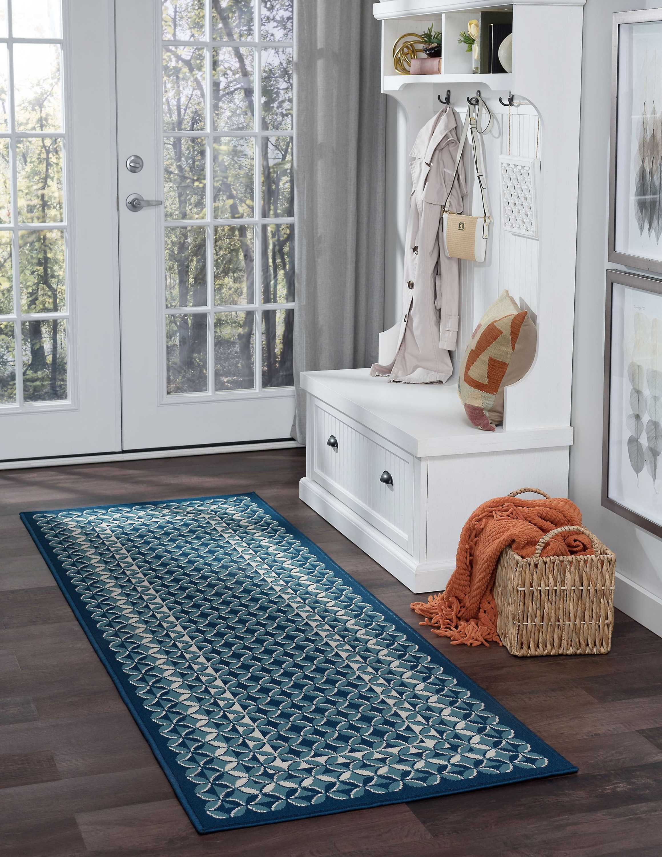3x8 Water Resistant, Indoor Outdoor Runner Rugs for Patios, Hallway, Entryway, Deck, Porch, Balcony or Kitchen | Outside Area Rug for Patio | Navy, Geometric | Size: 2'7'' x 7'3''
