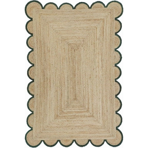 3x9 Ft Green Border Premium Scalloped Jute Rug – Handcrafted Natural Braided Carpet for Living Room, Bedroom, Entryway – Boho Home Decor