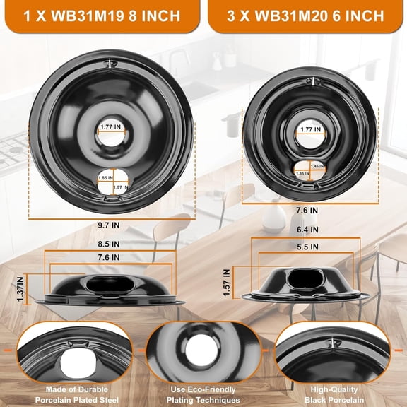 3xWB31M20 6" & 1xWB31M19 8" Porcelain Drip Pans & 1xWB30M2 8" & 3xWB30M1 6" Electric Stove Burners Set & 4xWB17T10006 Terminal Block Kit Compatible with Hotpoint Range