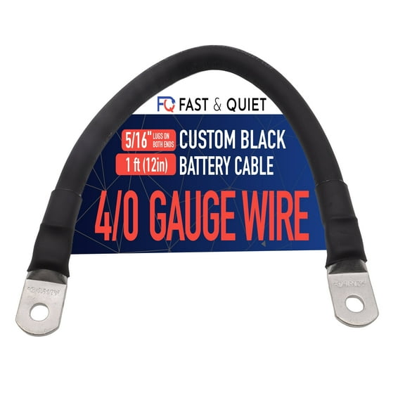4/0 AWG Battery Cable with Terminals, Pure Copper Wire and Tin-Plated Copper Lugs, Auto, Solar Power Inverter, Welding, Golf Cart, Motorcycle (Black Wire, 1 FT (12 in), 5/16" Lugs on Both Ends, 1pc)