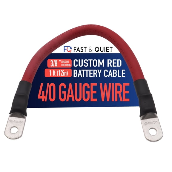 4/0 AWG Battery Cable with Terminals, Pure Copper Wire and Tin-Plated Copper Lugs, Auto, Solar Power Inverter, Welding, Golf Cart, Motorcycle (Red Wire, 1 FT (12 in), 3/8" Lugs on Both Ends, 1pc)