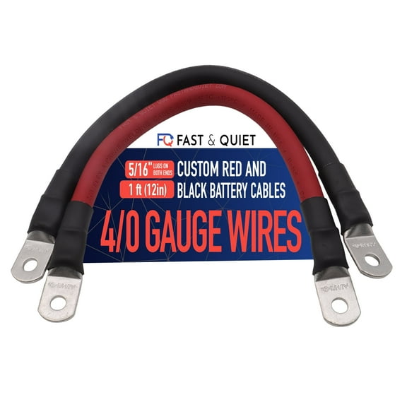4/0 AWG Battery Cables with Terminals, Positive and Negative Wires Pure Copper, Solar Power Inverter, Welding, Golf Cart, Motorcycle (Red and Black, 1 FT (12 in), 5/16" Lugs on Both Ends, 2pcs)