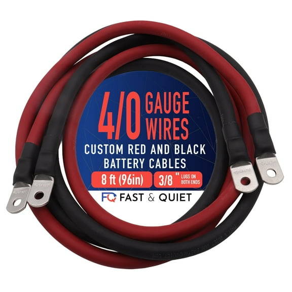 4/0 AWG Battery Cables with Terminals, Positive and Negative Wires Pure Copper, Solar Power Inverter, Welding, Golf Cart, Motorcycle (Red and Black, 8 FT (96 in), 3/8" Lugs on Both Ends, 2pcs)