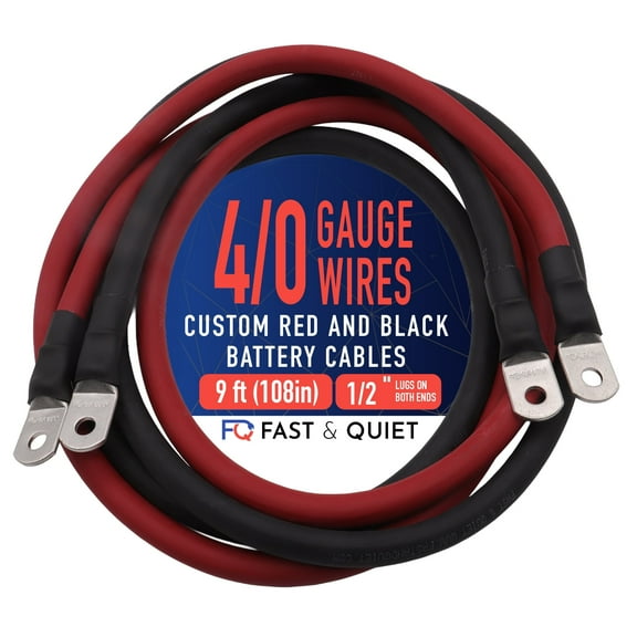 4/0 AWG Battery Cables with Terminals, Positive and Negative Wires Pure Copper, Solar Power Inverter, Welding, Golf Cart, Motorcycle (Red and Black, 9 FT (108 in), 1/2" Lugs on Both Ends, 2pcs)