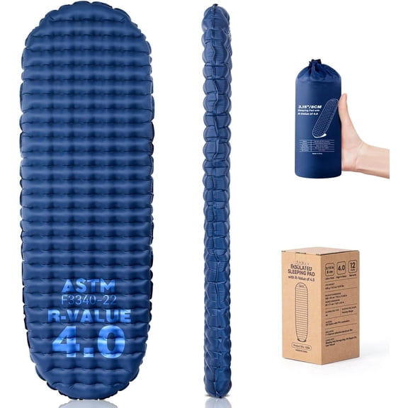 4.0 R-Value Backpacking Sleeping Pad, Ultralight 15oz Camping Mattress Pad, Insulated & Inflatable Camp Sleeping Mat (Blue, Single)