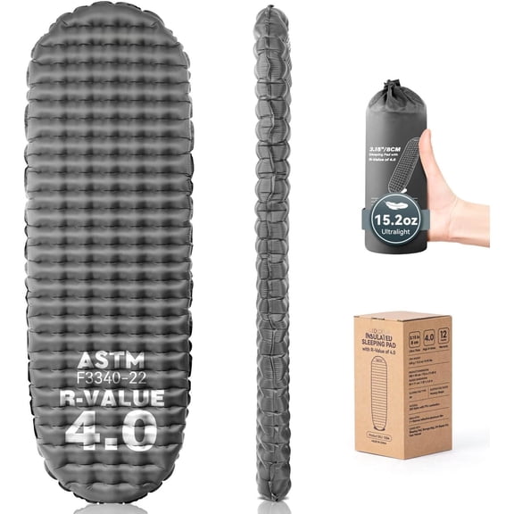 4.0 R-Value Backpacking Sleeping Pad, Ultralight 15oz Camping Mattress Pad, Insulated & Inflatable Camp Sleeping Mat (Grey, Single)