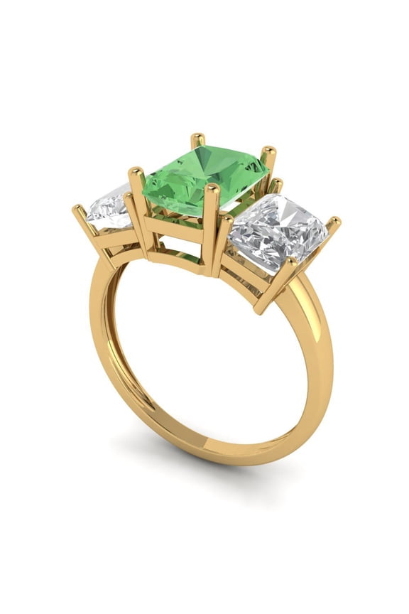 4.0 ct Brilliant Emerald Cut VVS1 Green Zircon 14k Yellow Solid Gold Three-Stone Wedding Bridal Anniversary Engagement Ring size 10.25