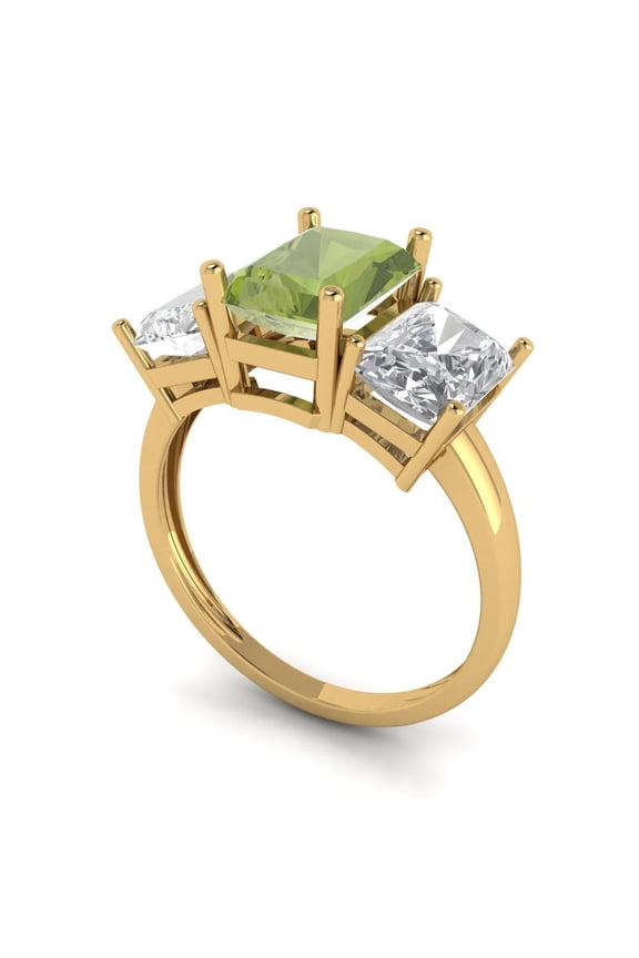 4.0 ct Brilliant Emerald Cut VVS1 Natural Peridot 14k Yellow Solid Gold Three-Stone Wedding Bridal Anniversary Engagement Ring size 5.75