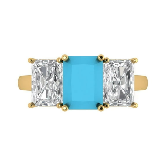 Three-Stone Engagement Ring for Women - 4ct Simulated Turquoise in 14K Yellow Gold Promise Ring