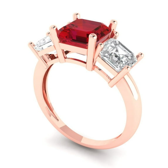 4.0 ct Brilliant Square Emerald Cut VVS1 Ruby 14k Rose Solid Gold Three-Stone Wedding Bridal Anniversary Engagement Ring size 9.75