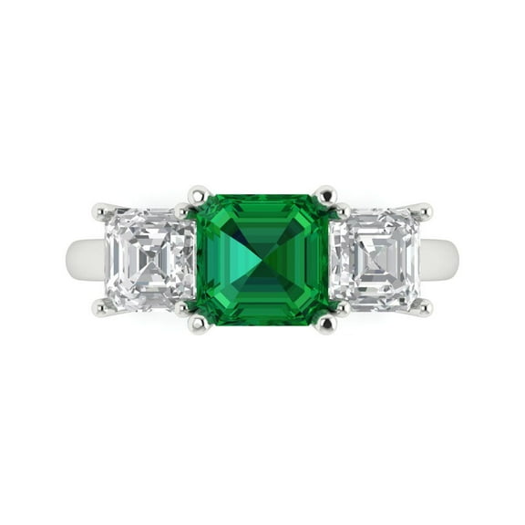 Three-Stone Engagement Ring for Women - 4ct Simulated Emerald in 18K White Gold Promise Ring