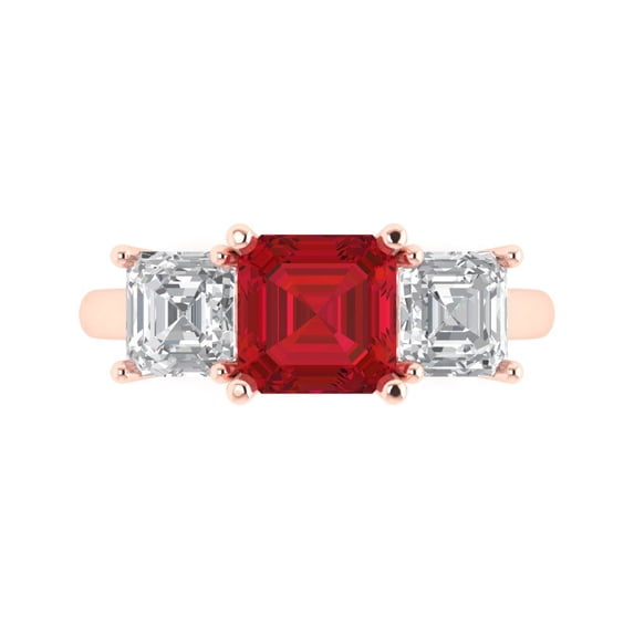 Three-Stone Engagement Ring for Women - 4ct Simulated Ruby in 14K Rose Gold Promise Ring