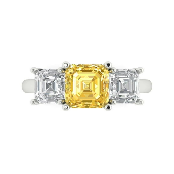 Three-Stone Engagement Ring for Women - 4ct Simulated Yellow Diamond in 14K White Gold Promise Ring