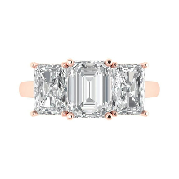 4.0 ct Emerald Cut Clear Crystal 18k Pink Rose Gold Engraving Statement Bridal Wedding Three-Stone Designer Ring Size 5