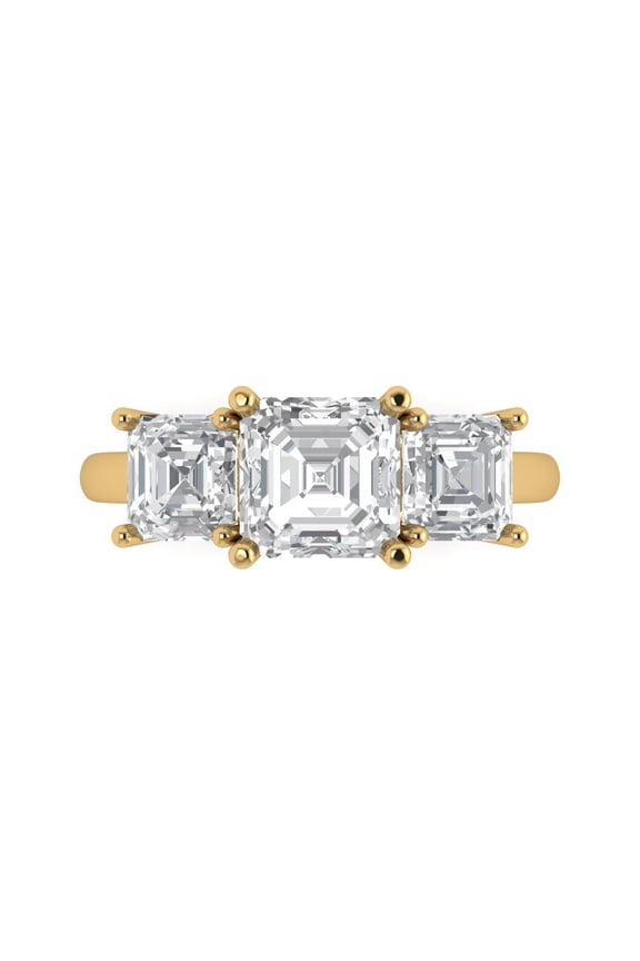 4.0 ct Square Emerald Cut Clear Crystal 14k Yellow Gold Engraving Statement Bridal Wedding 3 stone Designer Ring Size 3.5