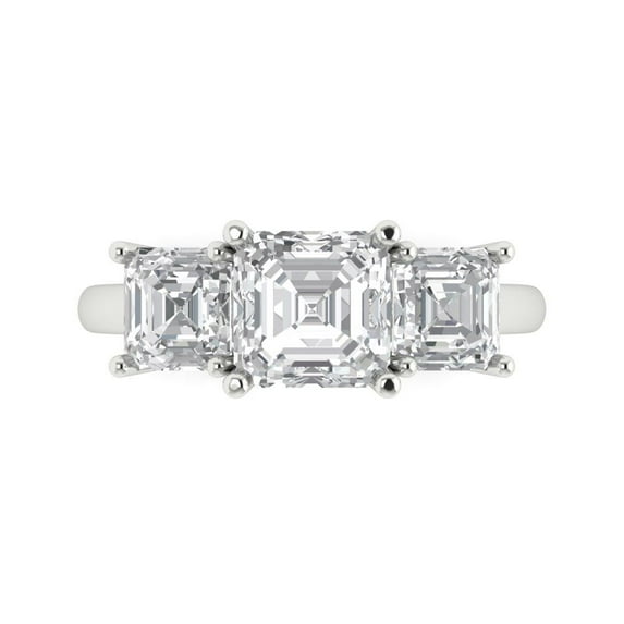 4.0 ct Square Emerald Cut Clear Crystal 18k White Gold Engraving Statement Bridal Wedding Three-Stone Designer Ring Size 5