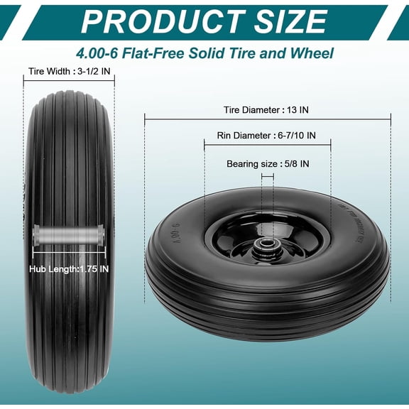 4.00-6 Flat-Free Solid Tire and Wheel 13" for Garden Cart Trolley Hand Truck