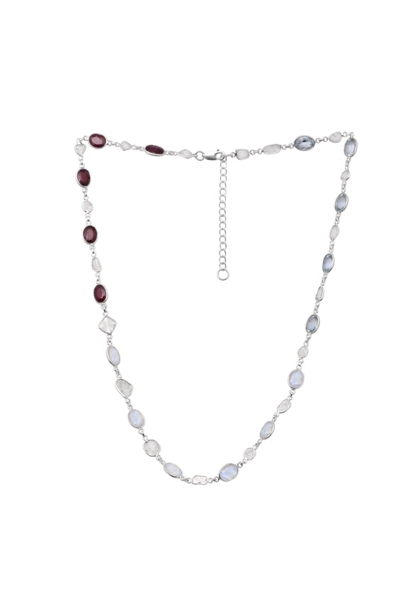 4.00 CTW Natural Diamond Polki Moonstone Ruby Blue Topaz Women Valentines Day Gifts Necklace 925 Sterling Silver