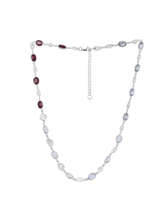4.00 CTW Natural Diamond Polki Moonstone Ruby Blue Topaz Women Valentines Day Gifts Necklace 925 Sterling Silver