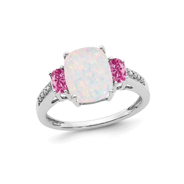 14k White Gold Cushion Created Opal, Pink Sapphire And Diamond Ring 14k White Gold Cushion Created Opal, Pink Sapphire And Diamond Ring