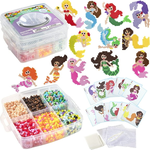 4,000pc Fuse Beads Mermaid w Carrier CASE - 21 Colors, 12 Unique Templates, 2 Peg Boards, Tweezers, Ironing Paper, Case, Works w Perler, Bulk Art Craft Project, Kids Birthday Party Gift
