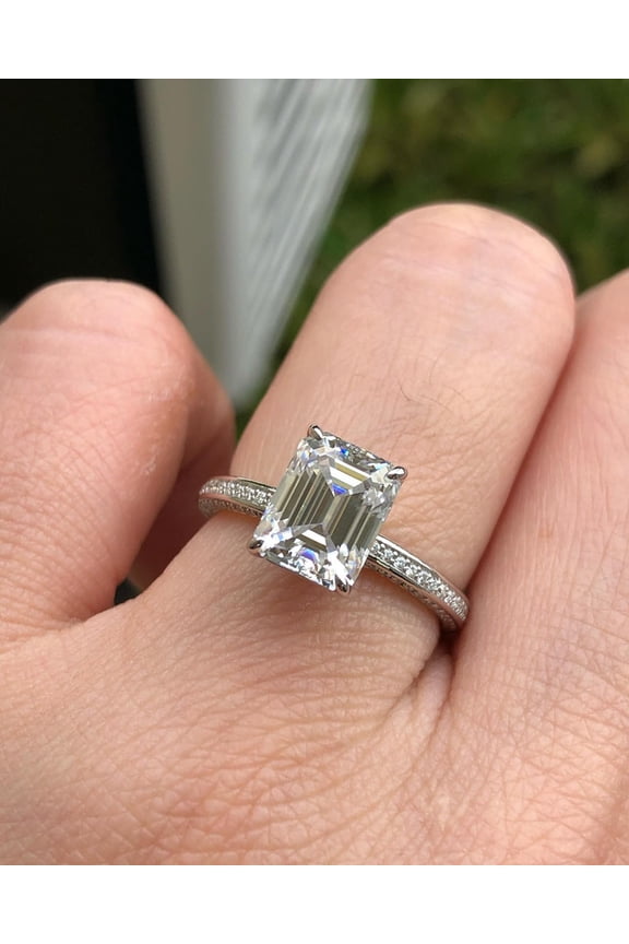 4.00CT Emerald Cut Moissanite Prong Set Ring with Clear Stone and Sparkling Side Accents Bridal And Engagement Ring 925 Sterling Silver