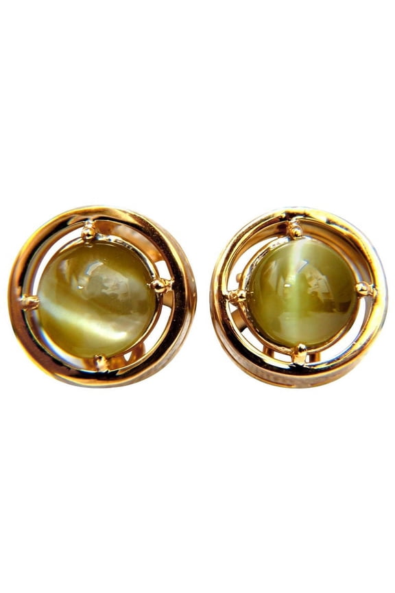 4.00CT NATURAL UNTREATED CATS EYE CLIP EARRINGS 14KT OMEGA
