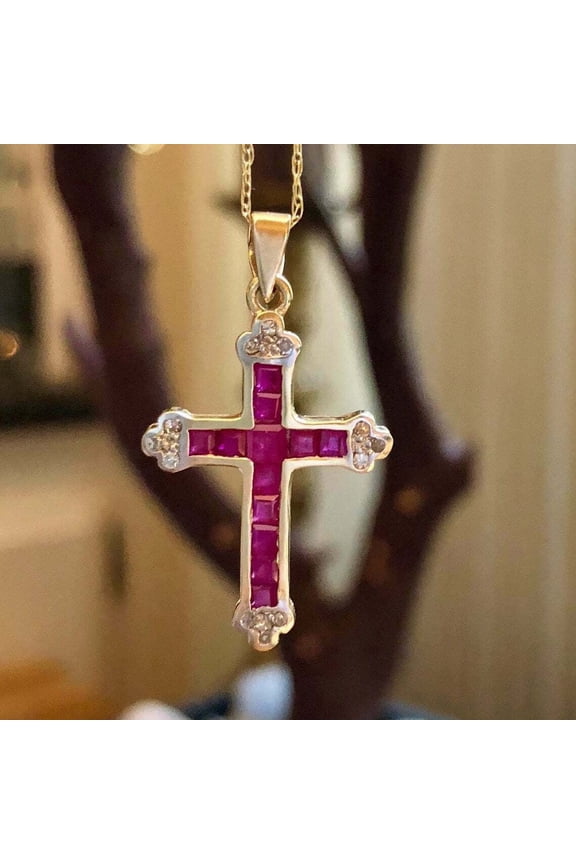 4.00CT Princess Cut Lab Created Pink Ruby Cross Pendant 14K Yellow Gold Plated Silver