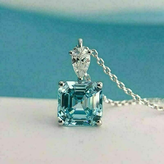 4.00Ct Asscher Cut Simulated Aquamarine Solitaire Pendant Necklace | 14K White Gold Plated Sterling Silver | 18" Free Chain | Elegant Gift for Her