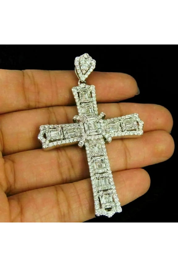 4.00Ct Baguette Cut Diamond Large Cross Pendant for Man's 14k White Gold Finish