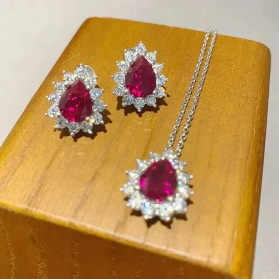 4.00Ct Pear Cut Simulated Red Ruby & Diamond Halo Women Wedding Jewelry Set With Earring & Pendant 14k White Gold Plated 925 Silver