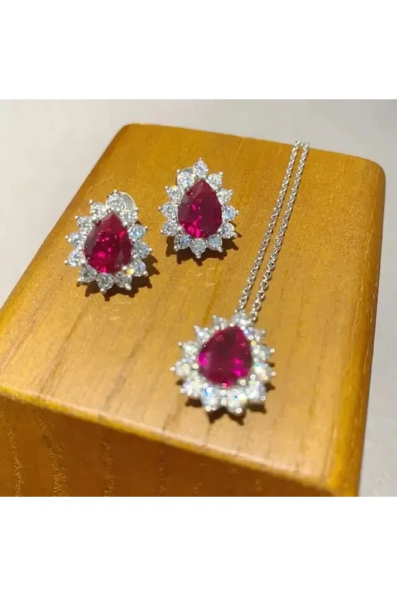 4.00Ct Pear Cut Simulated Red Ruby & Diamond Halo Women Wedding Jewelry Set With Earring & Pendant 14k White Gold Plated 925 Silver
