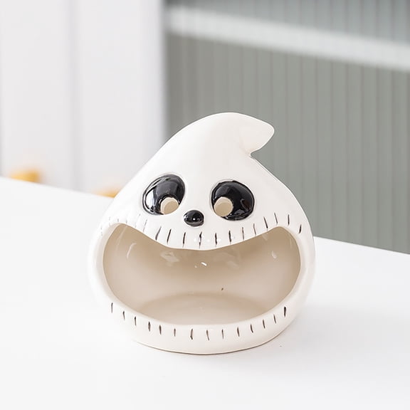 4.01 inch Ceramics Candy Bowl Table Decor, Halloween Candy Bowls with White Ghost Open Wide Mouth Decor, Candy Candle Holder for Festival Party Display Decoration and Home Accent